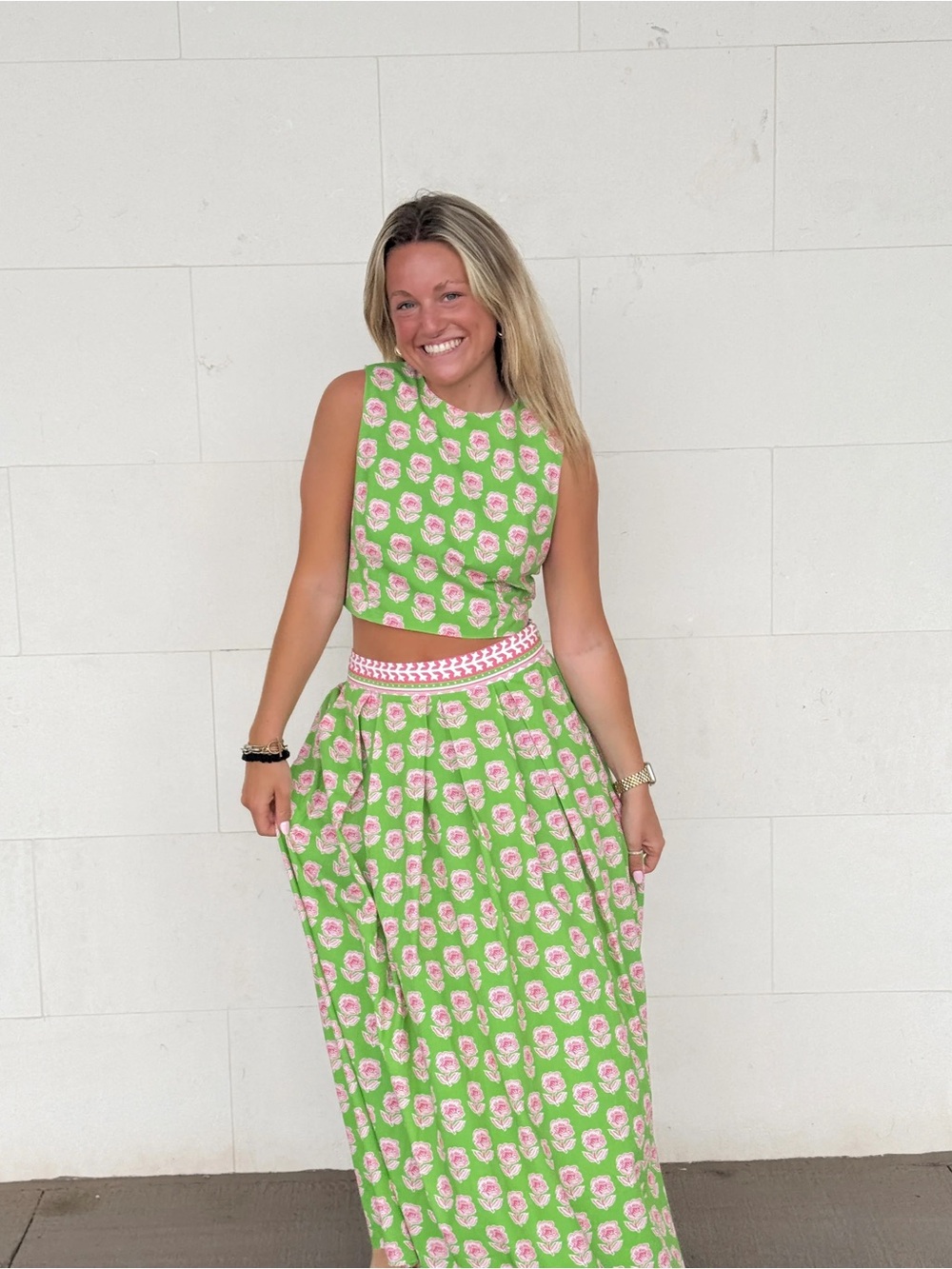 Green Pink Block Print Midi Skirt Set